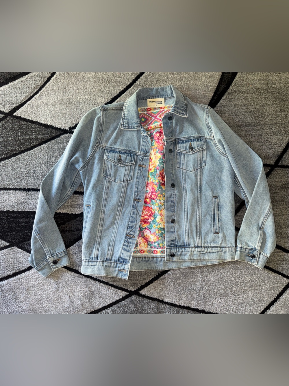 Savanna Jane Light Blue Denim Jacket with Colorful Floral Lining